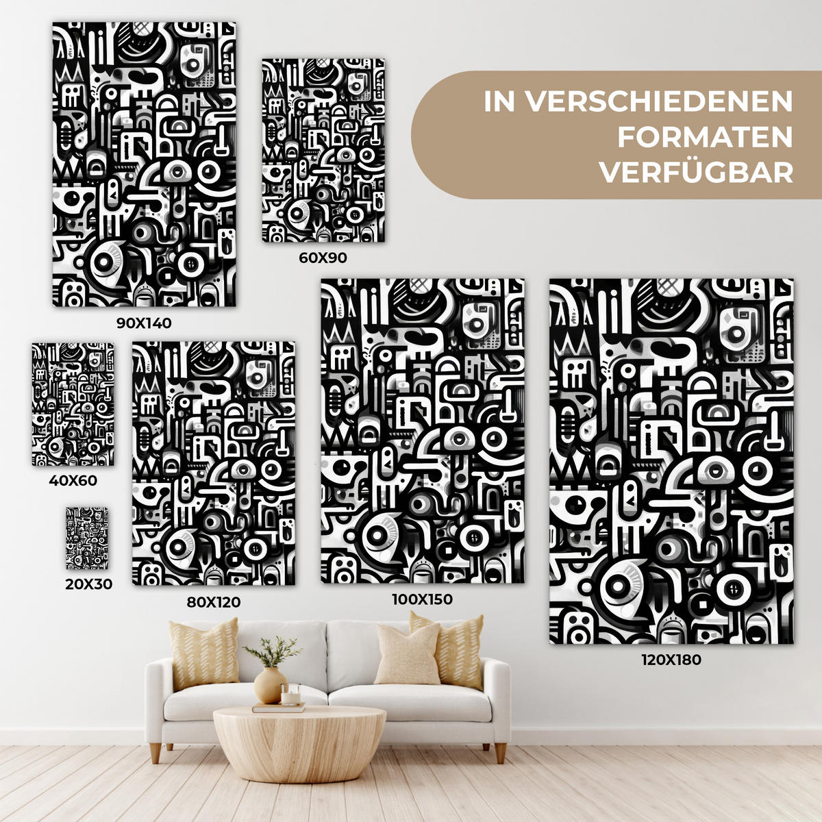 LEINWANDBILD Symbole - Abstrakt - Grafik - Schwarz Wanddeko 40x60 cm - Schwarz, Textil (40/60cm) - MuchoWow