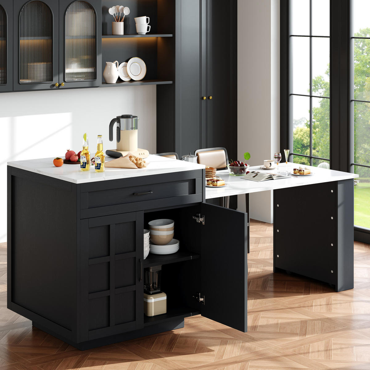 AUSZIEHBARER Bartisch aus MDF mit Stauraum, 133-202/70/93,5 cm, Schwarz - Schwarz, Holzwerkstoff (70/93.5/133cm) - Redom
