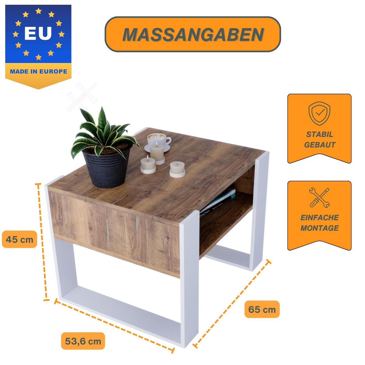 COUCHTISCH Holzwerkstoff rechteckig stabil Nussbaumfarben 45/53,6/65cm - Nussbaumfarben/Weiß, Holzwerkstoff (53.6/65/45cm) - CraftPAK