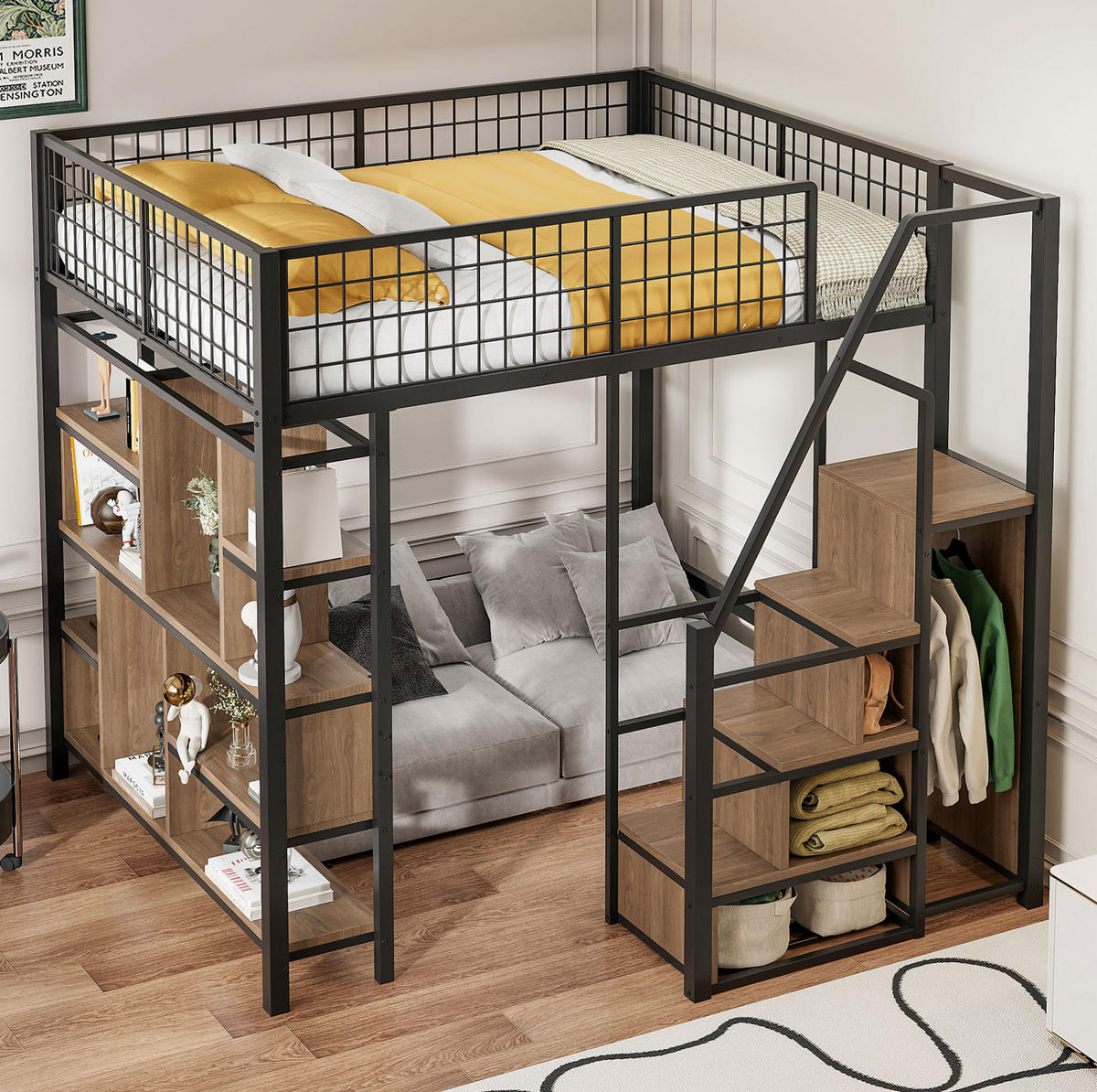 HOCHBETT 140/200 cm in Schwarz – mit Stauraumtreppe und offenem Arbeitsbereich - Schwarz, Metall (140/200cm) - BEAOK