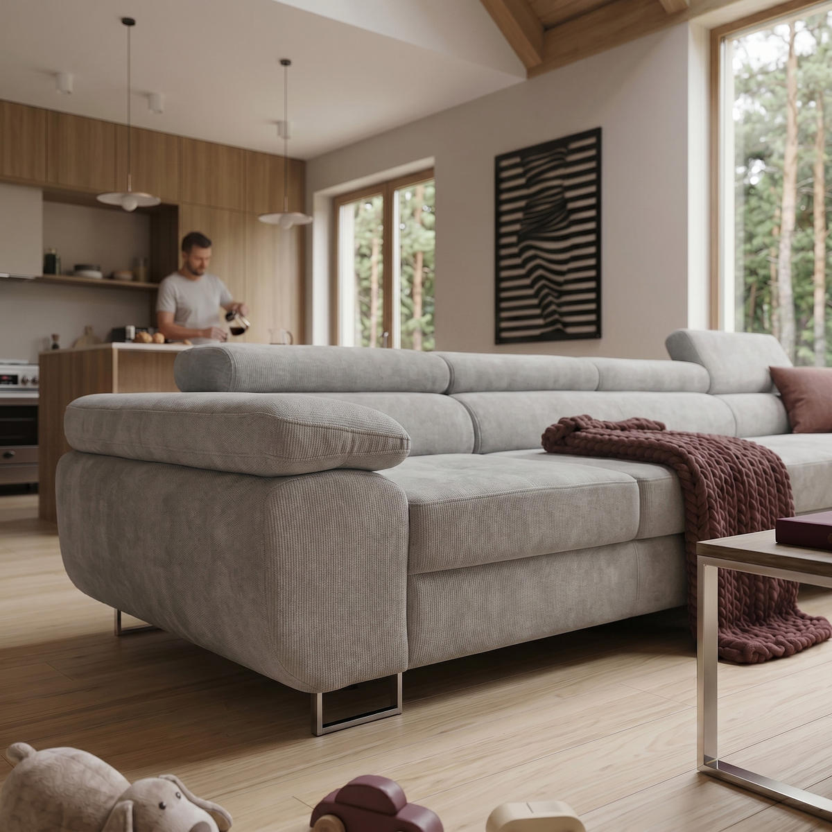 ECKSOFA ALONZO MAXI Rechts mit Schlaffunktion 125x195 Chenille Grau - Chromfarben/Grau, Holz/Textil (350/203cm) - Muffo