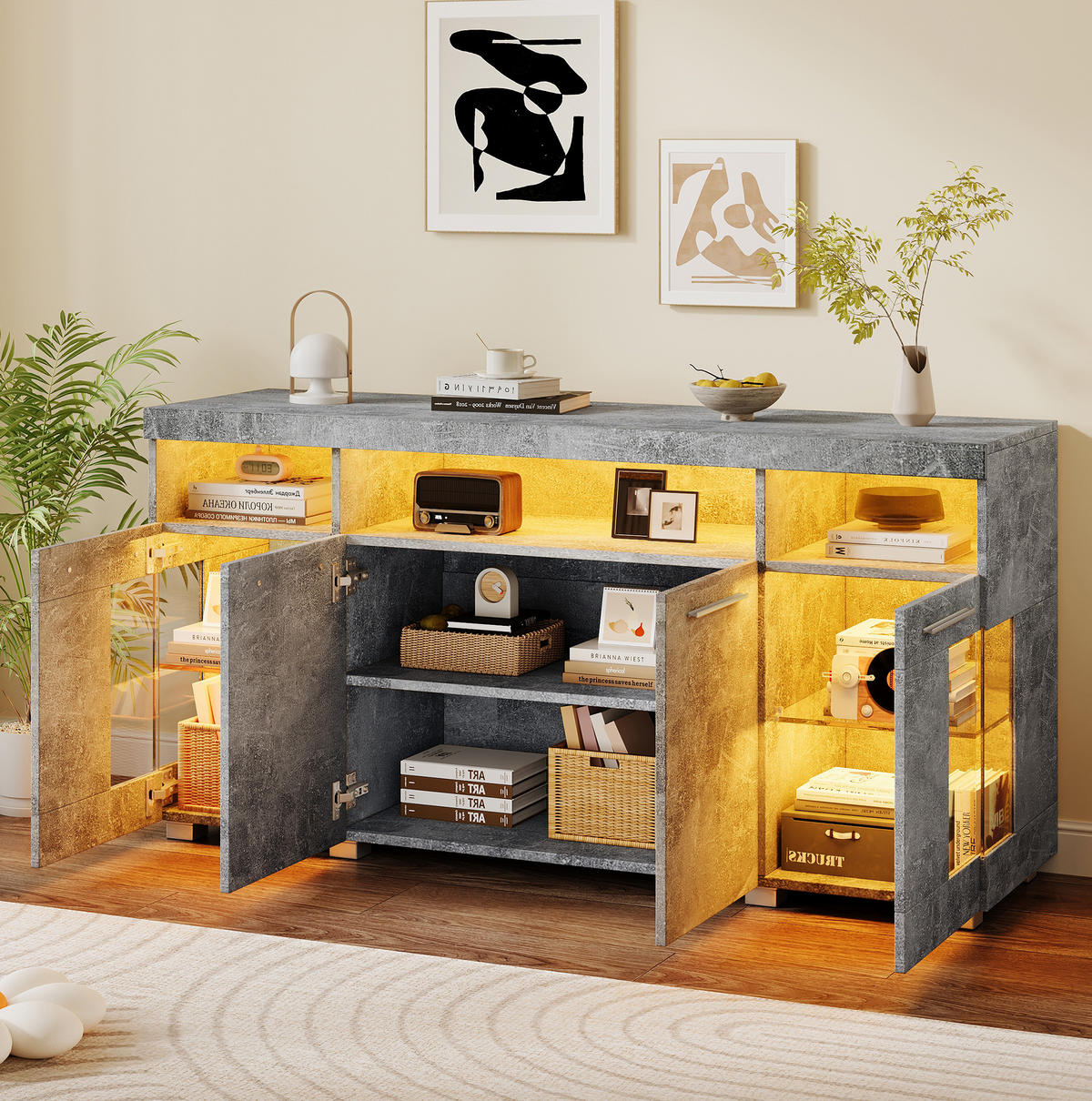 SIDEBOARD aus MDF 140x40x70 cm Zementgrau mit LED-Beleuchtung, Glastüren und Stauraum - Grau, Holzwerkstoff (140/70/40cm) - IVMEU