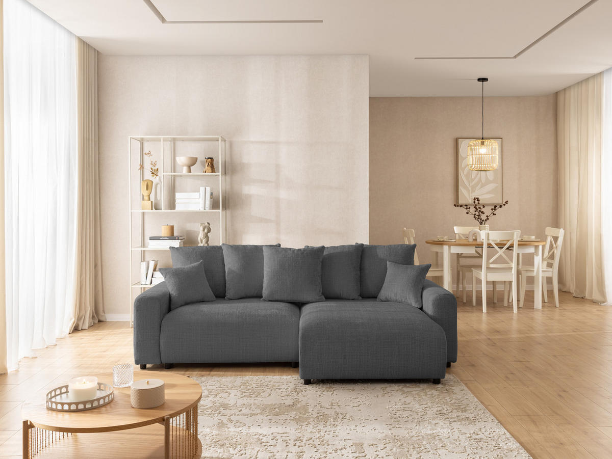 ECKSOFA Calma mit Schlaffunktion und Bettkasten im Bumpy-Design aus weichem Grau Chenille-Stoff - Ottomane rechts - Beige/Schwarz, Holz/Kunststoff (239/140cm) - S-Style Möbel