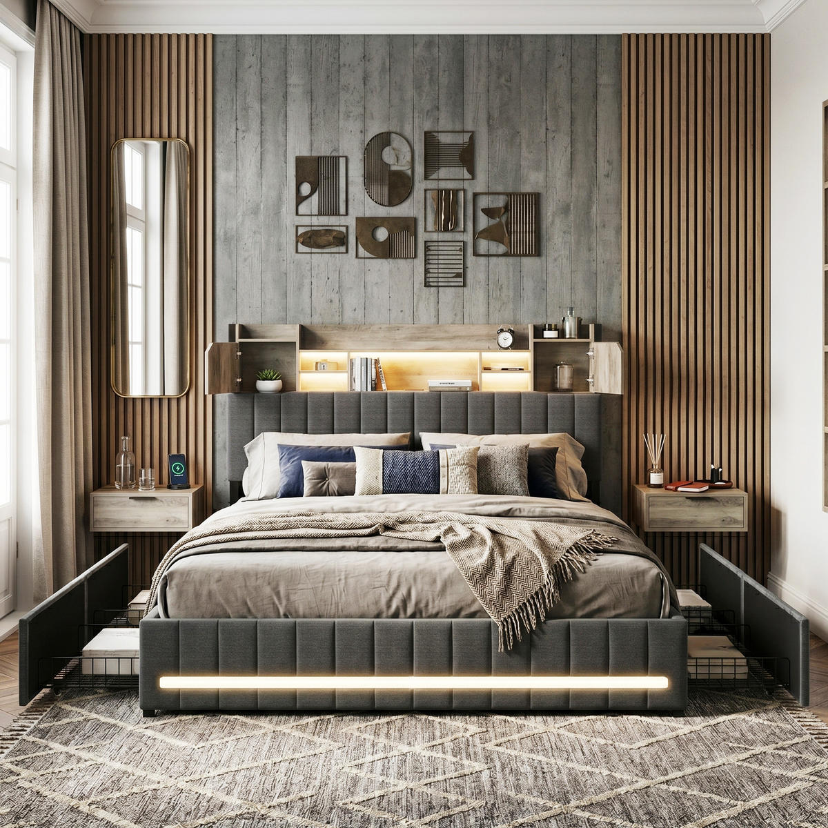 POLSTERBETT Modern 160/200 cm mit Galerie-Ablage & 4 Schubladen Leinenoptik Grau - Grau, Textil (160/200cm) - Creahappy