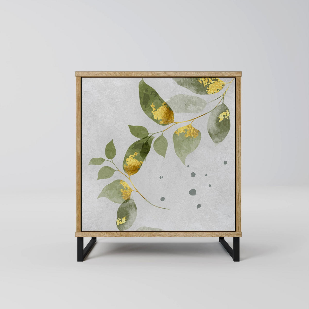 SIDEBOARD ELEGANT BOTANICS, Eichefarben, 57,5x42x67,5 cm, Schwarze Metall-Rahmenfüße - Eichefarben/Multicolor, Holzwerkstoff/Metall (57.5/67.5/42cm) - SpaceRebels