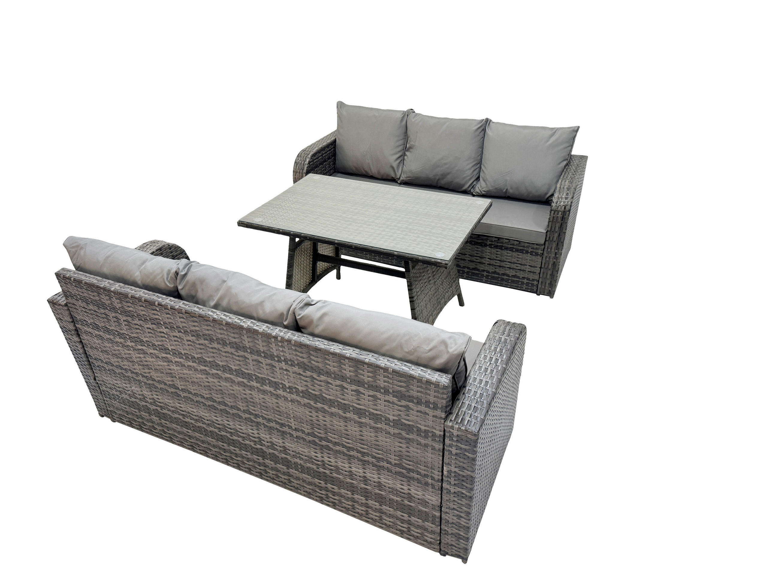 GARTENSET Hohe Rückenlehne Polyrattan 6-Sitzer - Dunkelgrau/Grau, Glas/Kunststoff - Fimous