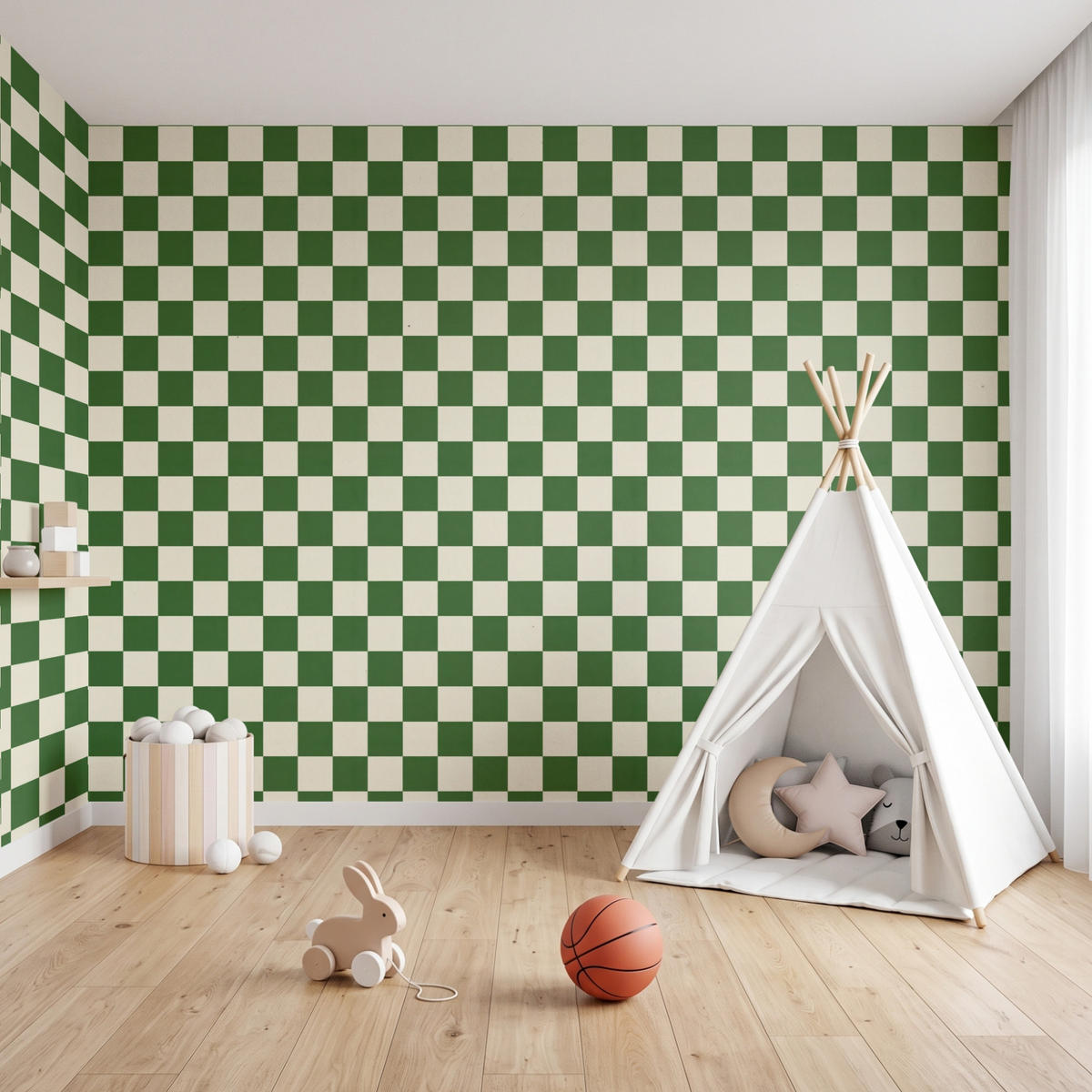 KINDERTAPETE - Schachbrett - Muster - Grün - 450x300 cm - Grün, Papier (450/300cm) - OnlyWow