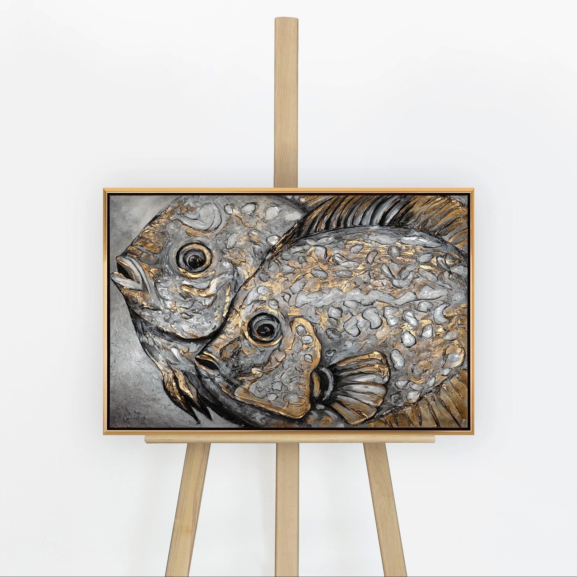 GEMÄLDE Magische Fische Schattenfugenrahmen Gold 60x40 cm - Goldfarben, Holz (60/40cm) - YS-art gallery