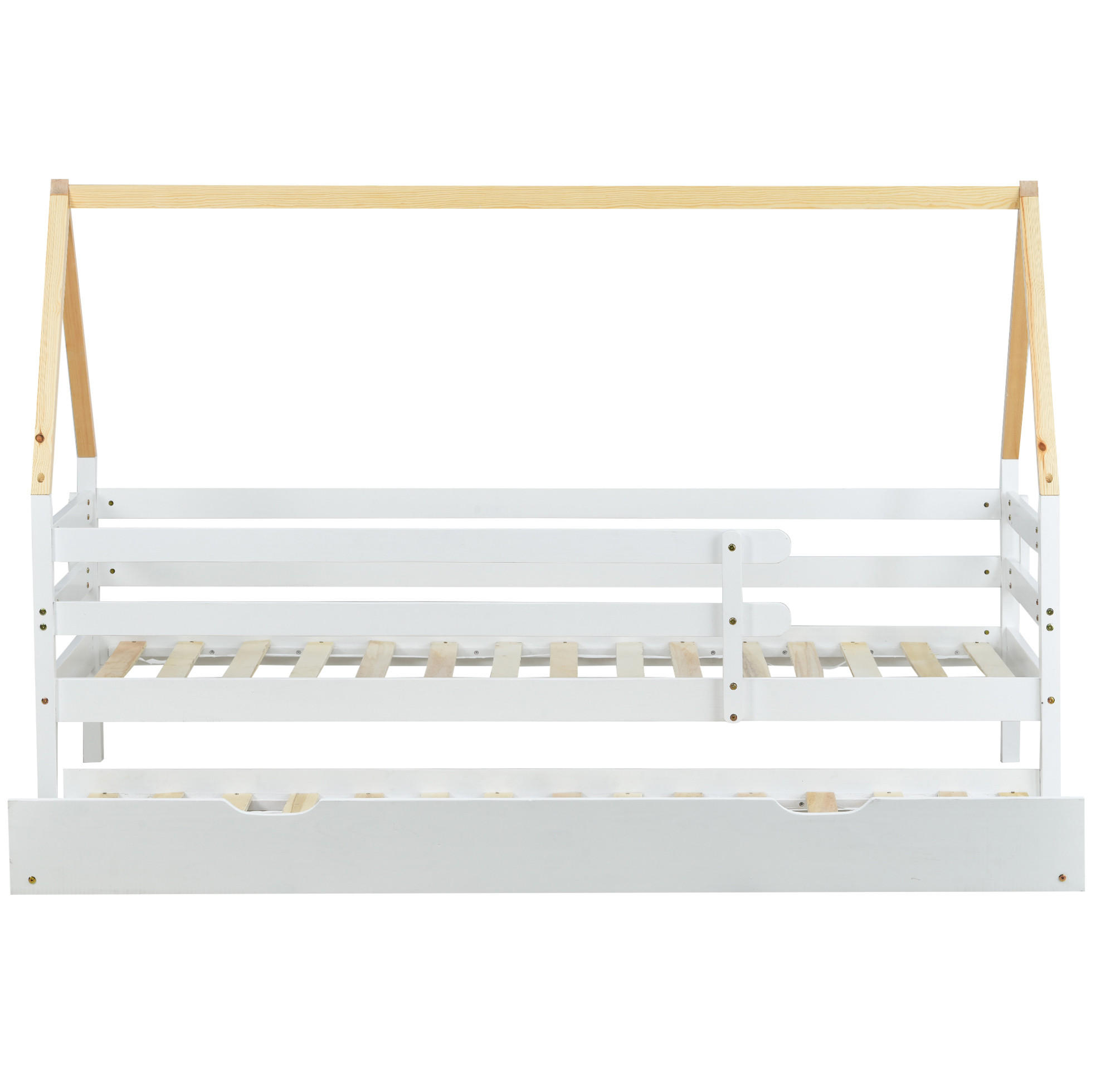 KINDERBETT 90/200 cm in Hausform mit Rollbett aus massivem Kiefernholz - Weiß, Holz (90/200cm) - BEAOK
