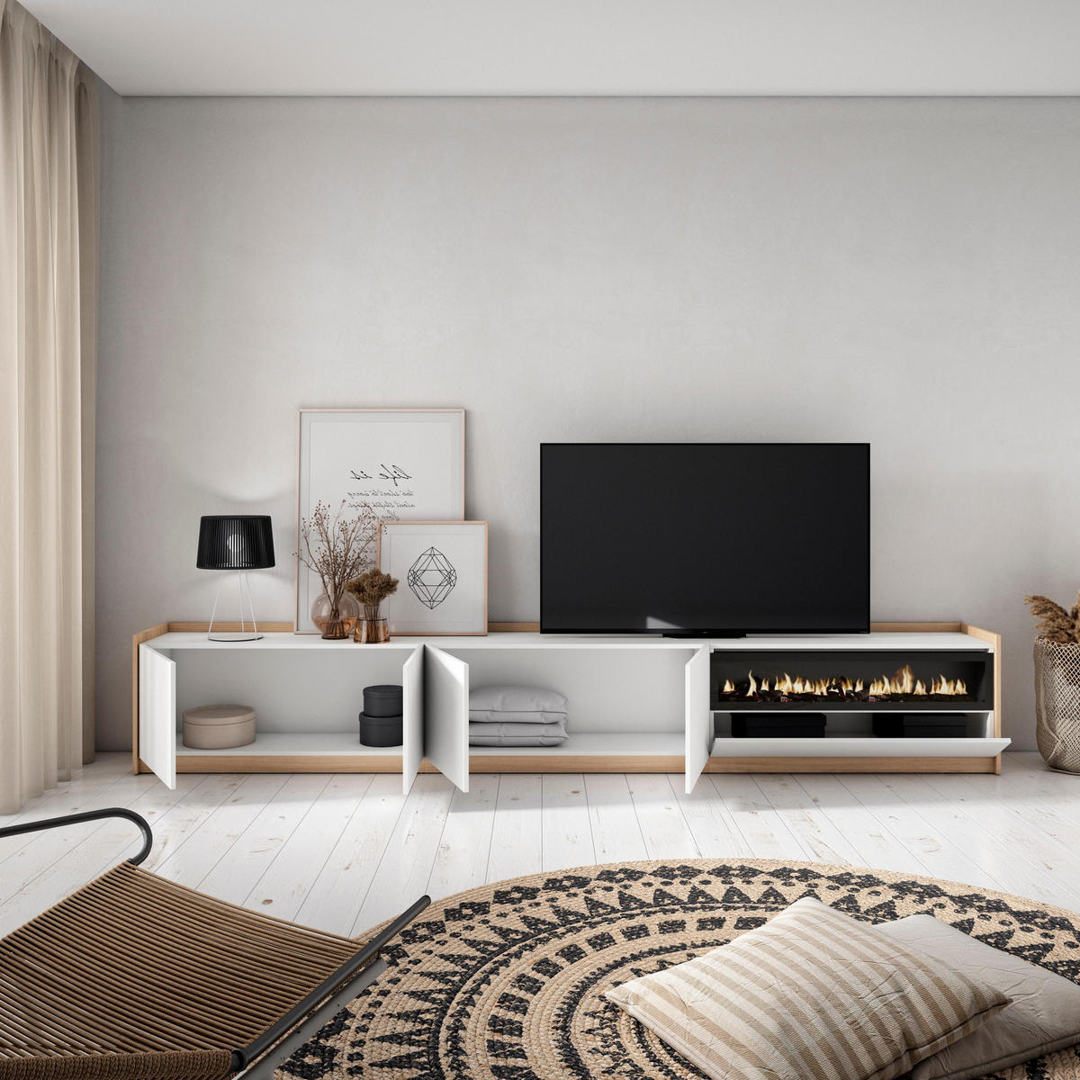 TV-SCHRANK, Lowboard, Weiß und Eiche Soft, Elektrokamin, 310/37/50cm - Weiß, Holzwerkstoff (310/50/37cm) - Skraut Home