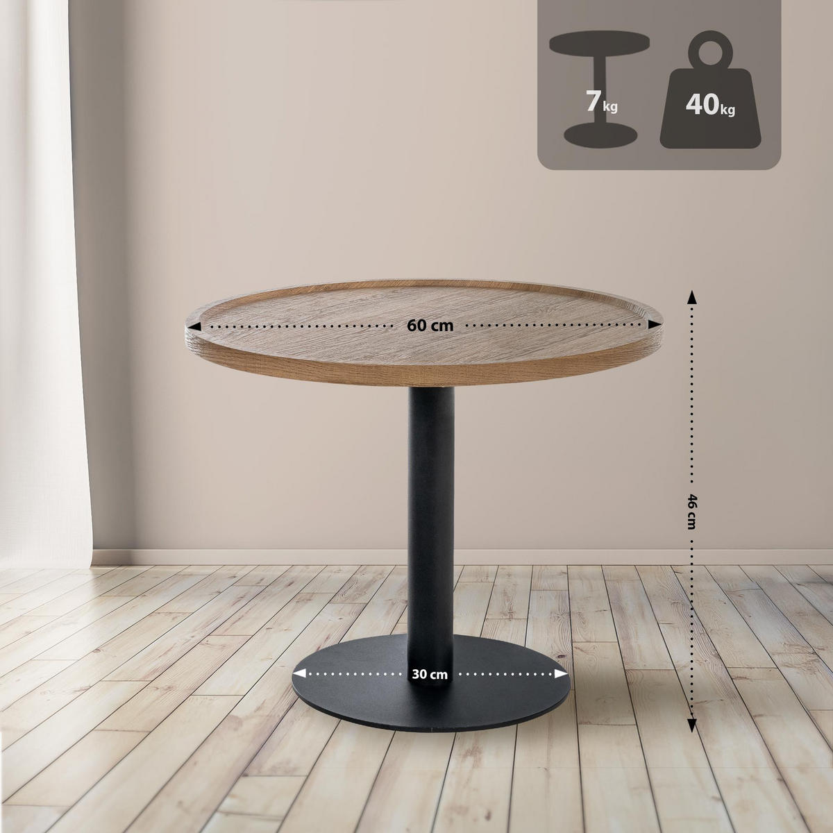 BEISTELLTISCH rund 60 cm Holz Braun - Schwarz/Braun, Holz/Metall (60/60/46cm) - CLP
