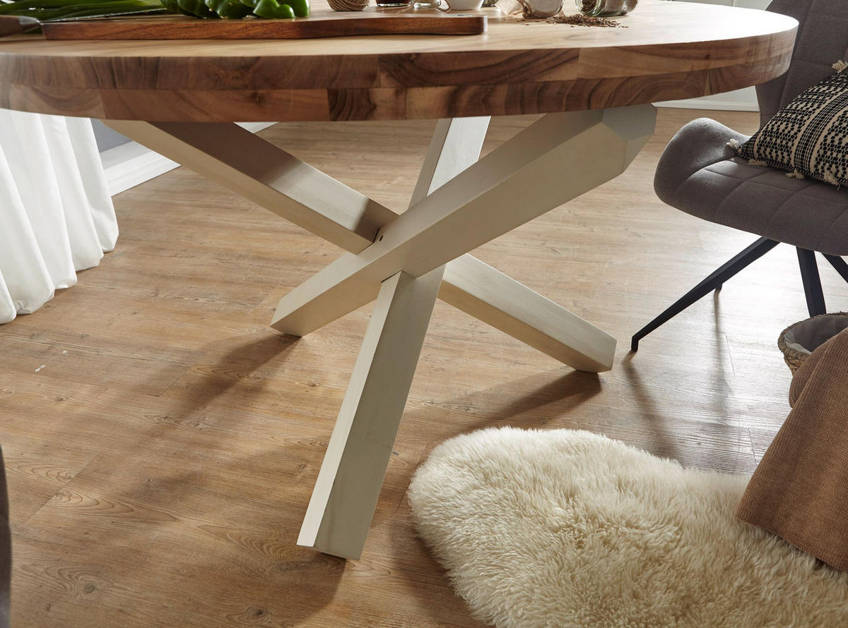 ESSTISCH Massivholz Rund Kreuzbeine Handgefertigt TEKO, Beige 120x120x75 cm - Beige/Weiß, Holz (120/120/75cm) - KADIMA DESIGN