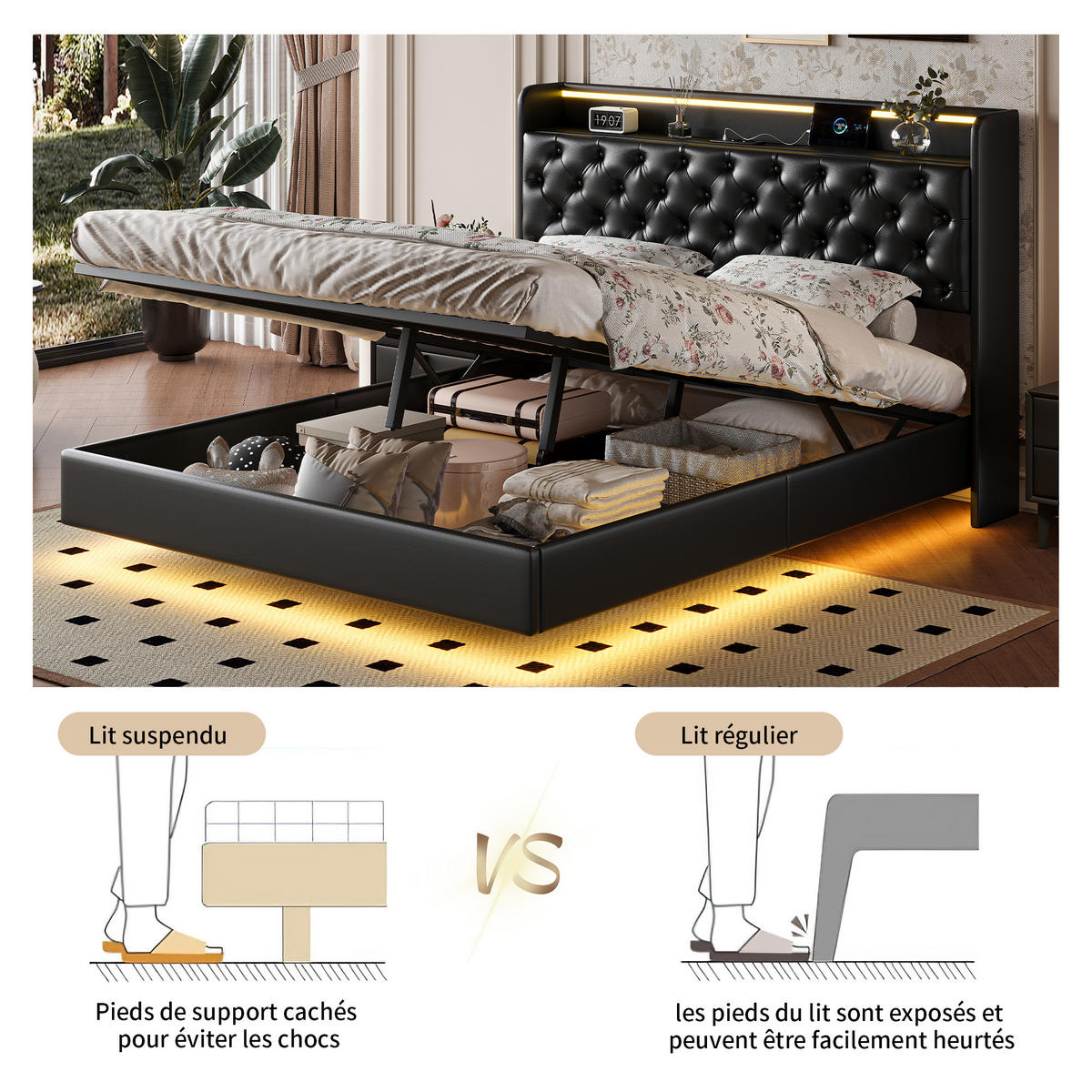 POLSTERBETT 140x200 cm LED USB Stauraum Lattenrost PU Leder schwarz - Schwarz, Holz (140/200cm) - LEBENLANG