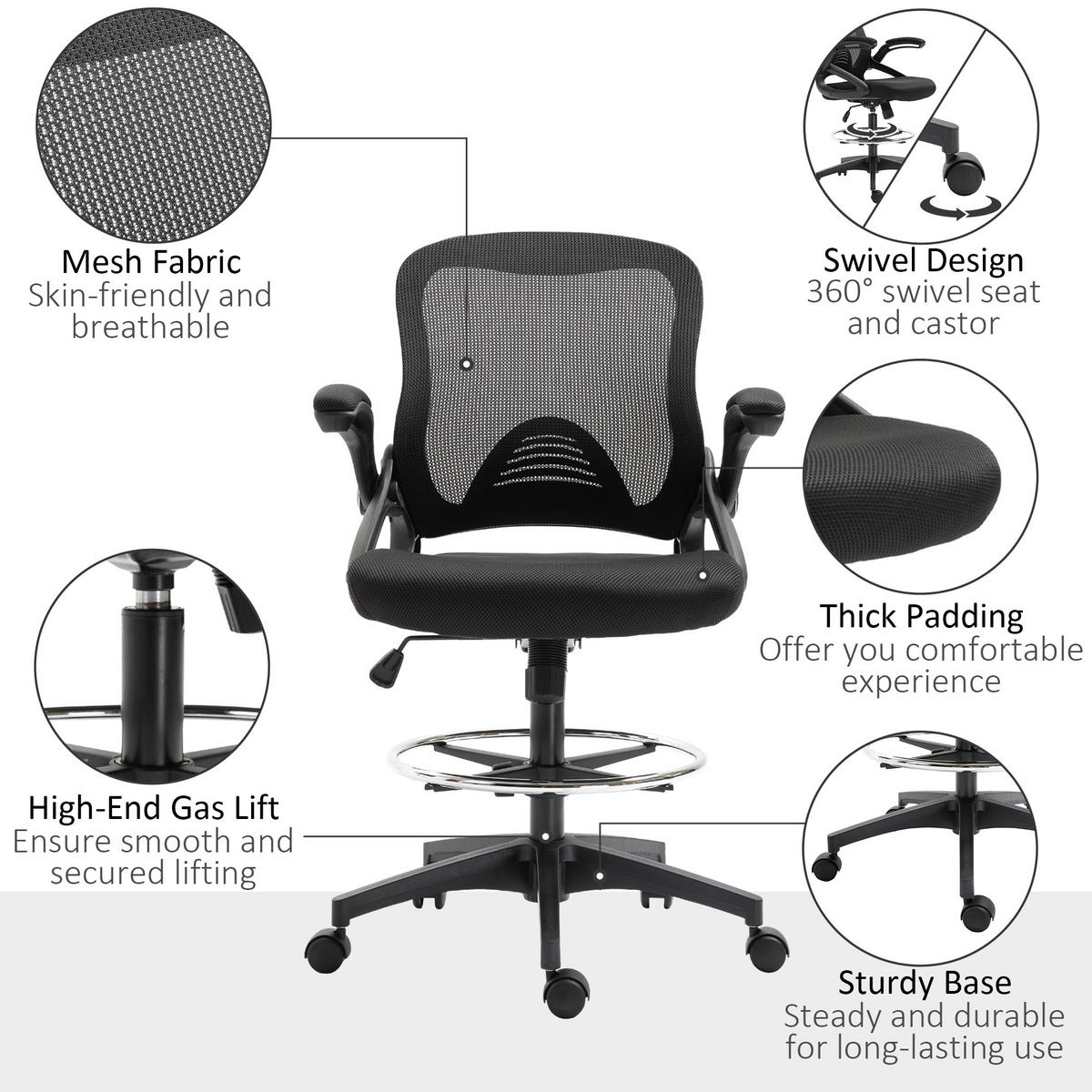 MESH Zeichenstuhl Ergonomischer Bürostuhl mit Rollen drehbar Schwarz - Schwarz, Textil (60/126/64cm) - Vinsetto
