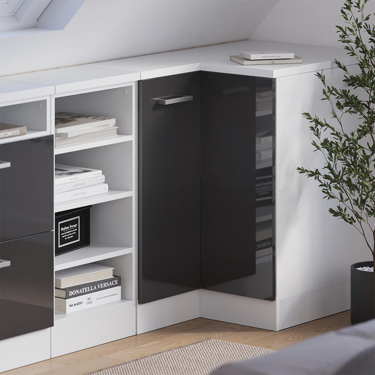 KOTNI KUHINJSKI ORMAR ZA KOSINE KROVA R-Line Antracit visokog sjaja 75.6 cm s 1 vratima, korpus ormarića dubine 60 cm - bijela/crna visoki sjaj, drvni materijal (75.6/83.8/60cm) - Vicco