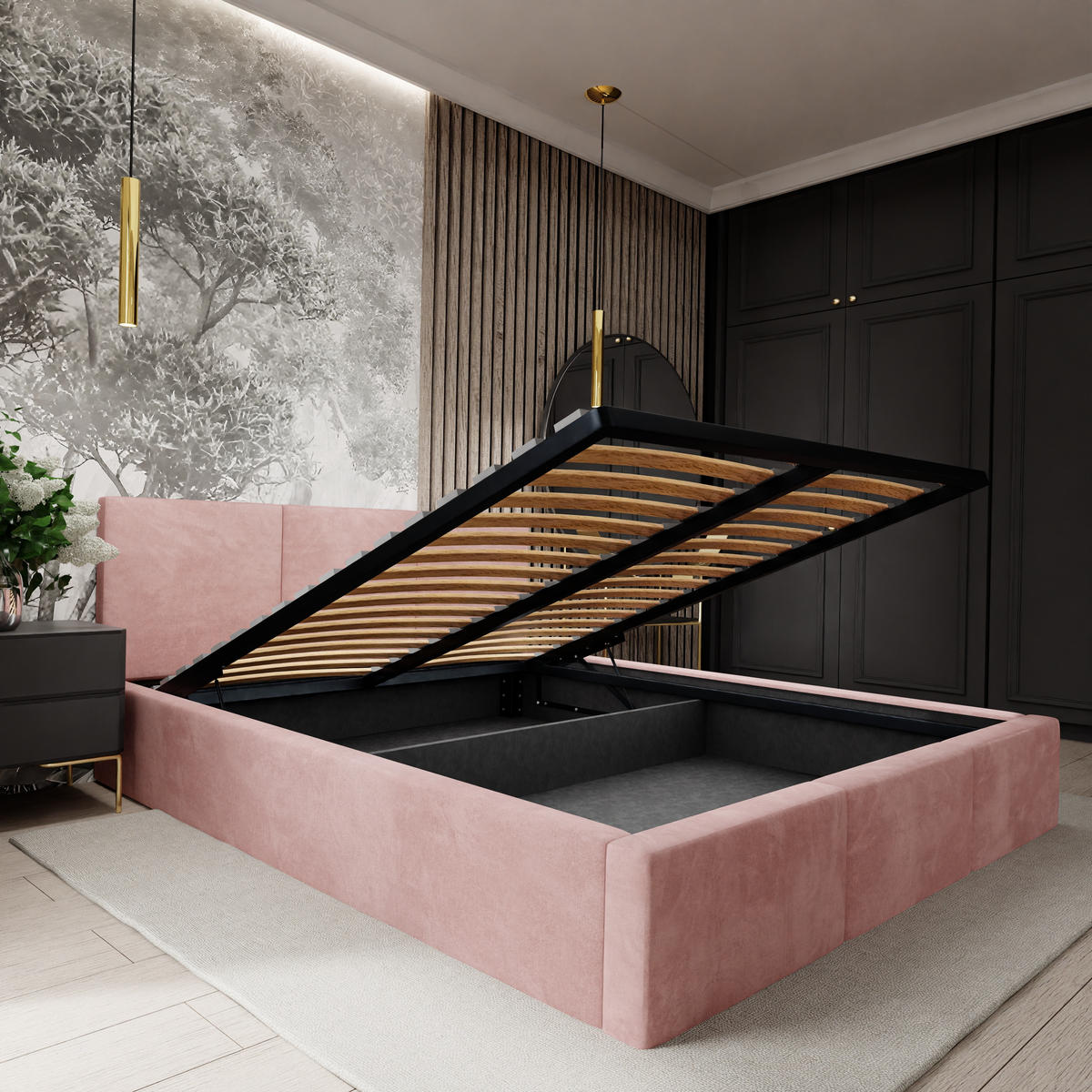 POLSTERBETT mit Stauraum Rosa 120x200cm Kopfteil 88cm - Rosa, Holzwerkstoff/Textil (120/200cm) - Muralo