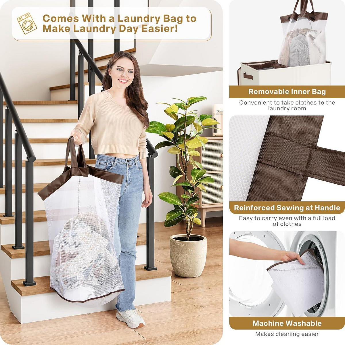 WÄSCHEKORB mit Deckel 145L 2 Fächer Beige - Multicolor, Textil (38/67/58cm)
