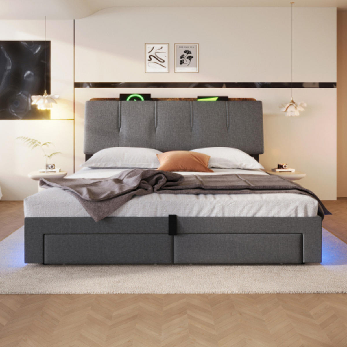 POLSTERBETT grau 218×142×107 cm aus Leinen-Stoff mit Stauraumkopfteil, Hydraulikbettkasten - Grau, Textil (140/200cm) - Luhomfu