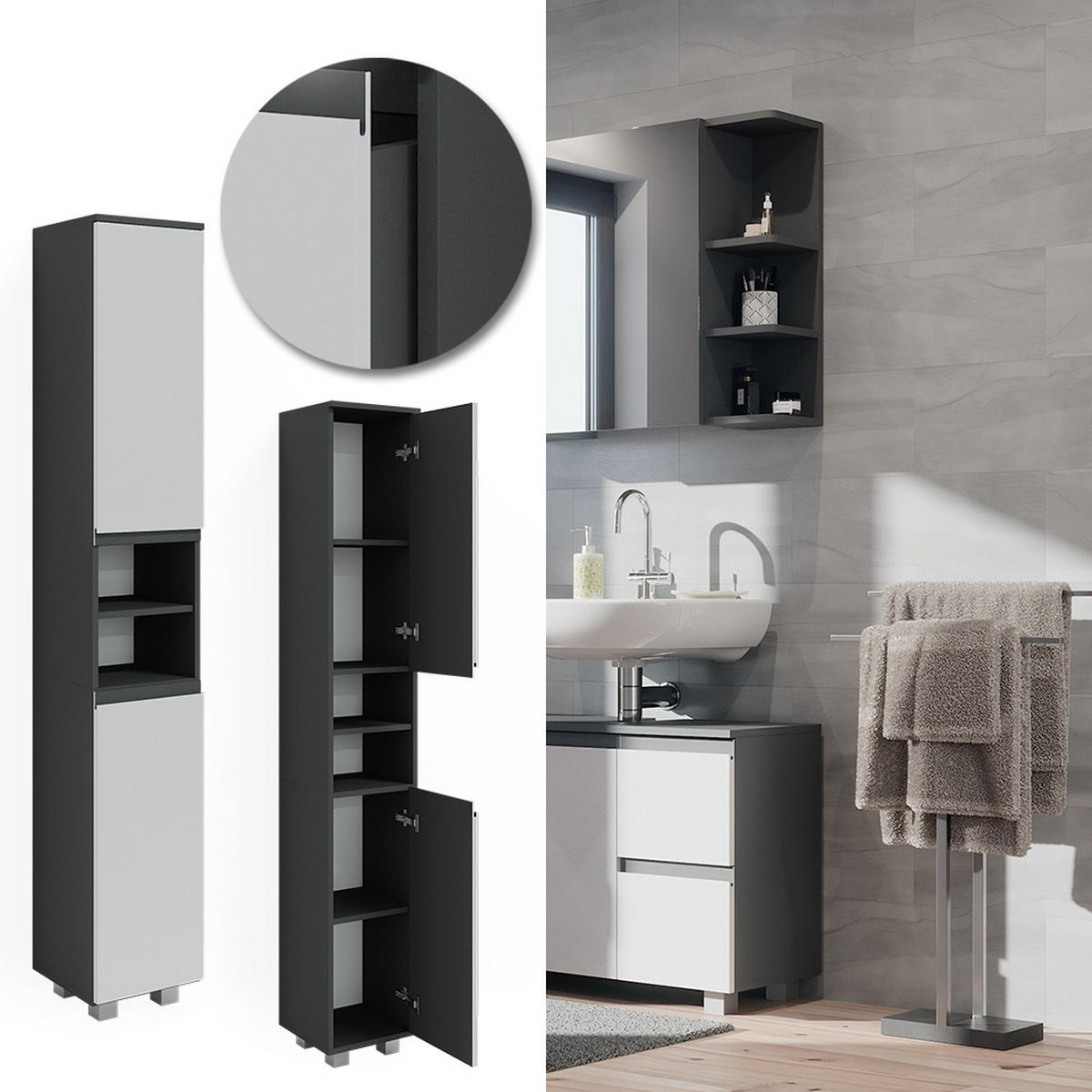 BADSCHRANK J-Shape Weiß 30 x 190 cm - Weiß, Holzwerkstoff (30/190/30cm) - Vicco