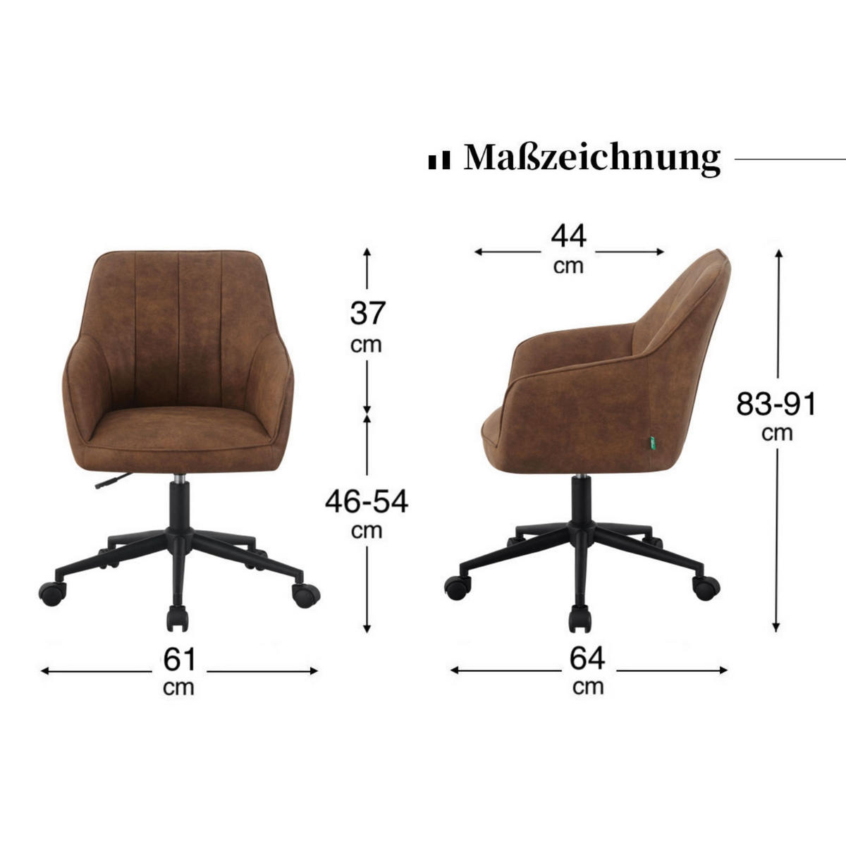 BÜROSTUHL LEON Braun höhenverstellbar 360°drehbar - Schwarz/Braun, Kunststoff/Textil (61/83/64cm) - DUBI Möbel