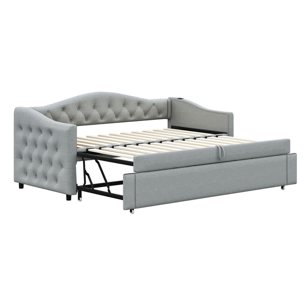 POLSTERBETT 90/200 cm Grau mit USB-Anschluss und Leinenbezug - Grau, Textil (90/200cm) - Flora Grace