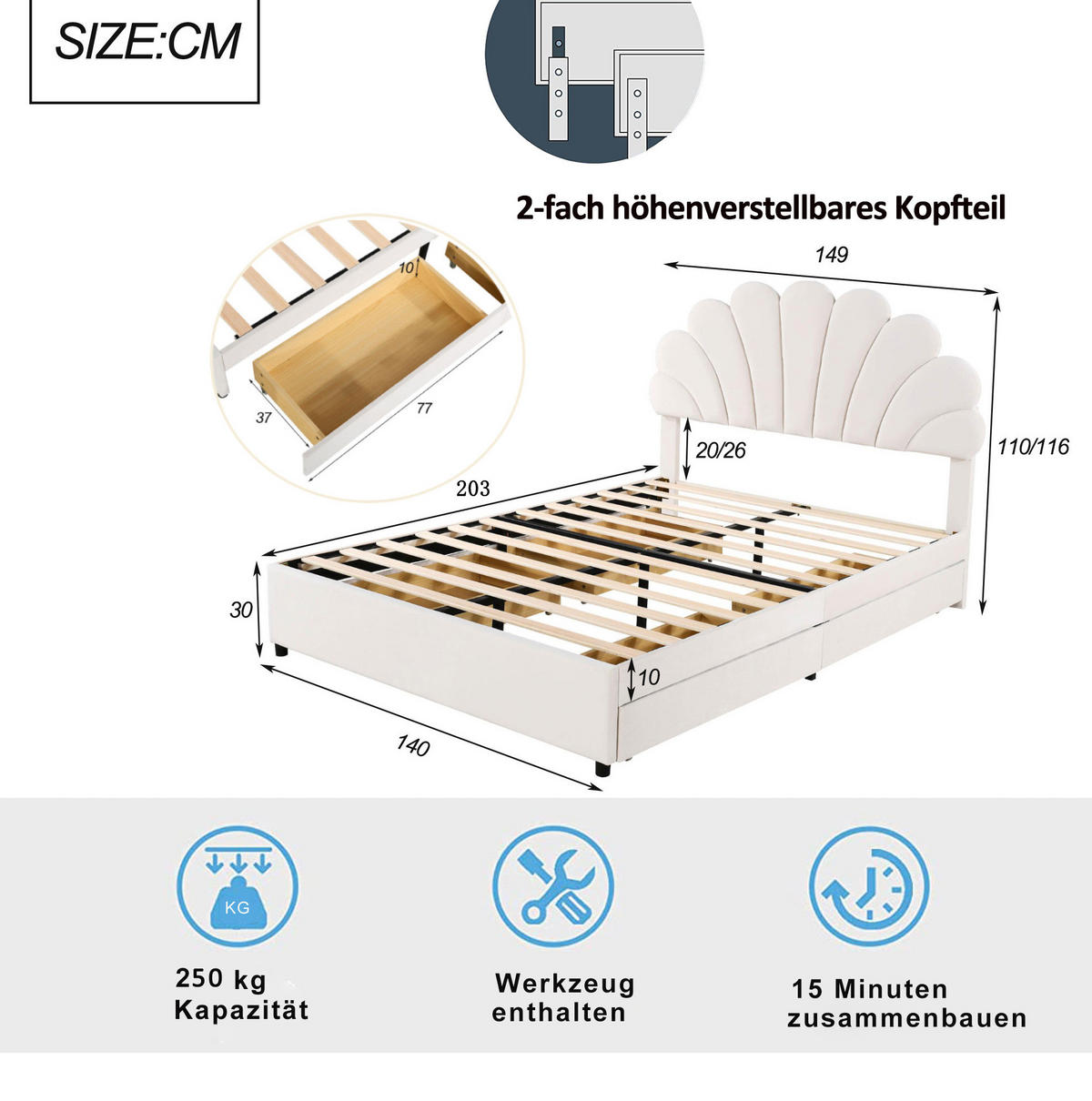 POLSTERBETT 140/200 cm Beige aus Samt mit 4 Schubladen - Beige, Textil (140/200cm) - OKMYHOME