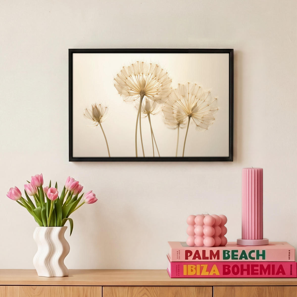 LEINWAND Bilder mit Rahmen - Sonnenlicht - Löwenzahn - Botanisch - Blumen - 30x20 - Creme, Textil (30/20cm) - MuchoWow