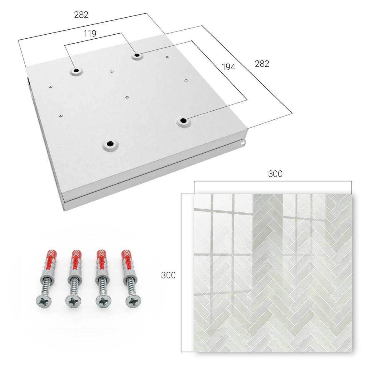SCHLÜSSELBOX Weiß 30x30 cm – Türöffnung nach rechts - Fischgrätmuster - Grau, Metall (30/30/5cm) - TULUP