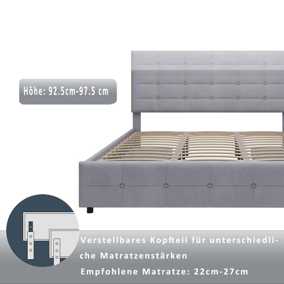 POLSTERBETT 180x200 Samt grau - Grau, Textil (180/200cm) - LEBENLANG