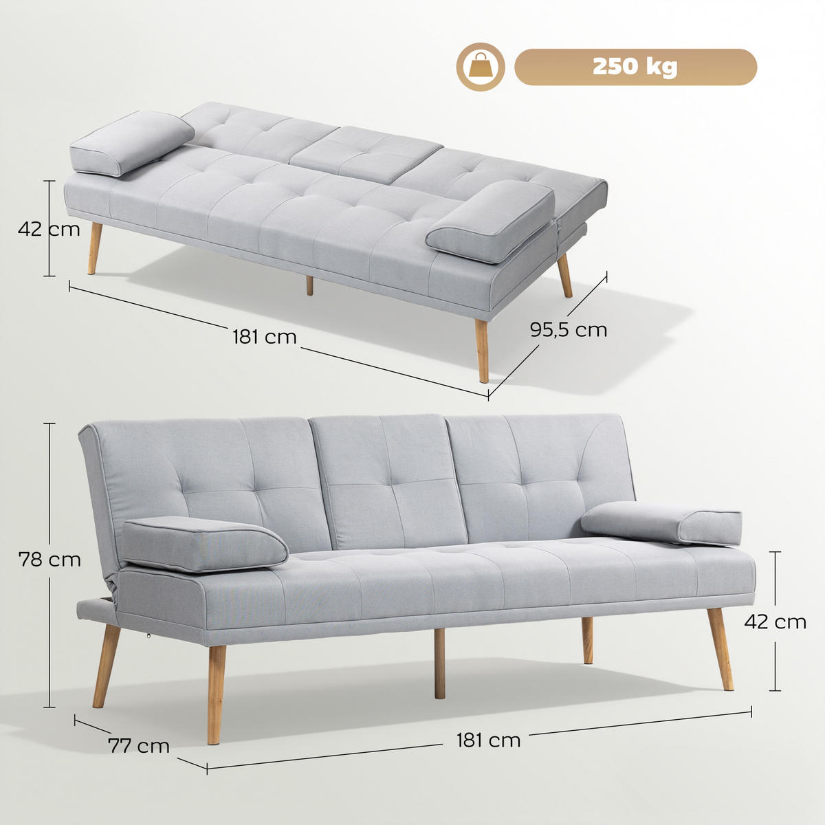 SCHLAFSOFA DE-06514 3-Sitzer, klappbarer Tisch, Becherhalter, Leinenoptik Hellgrau - Hellgrau, Holz/Textil (181/78/77cm) - ComfortXL