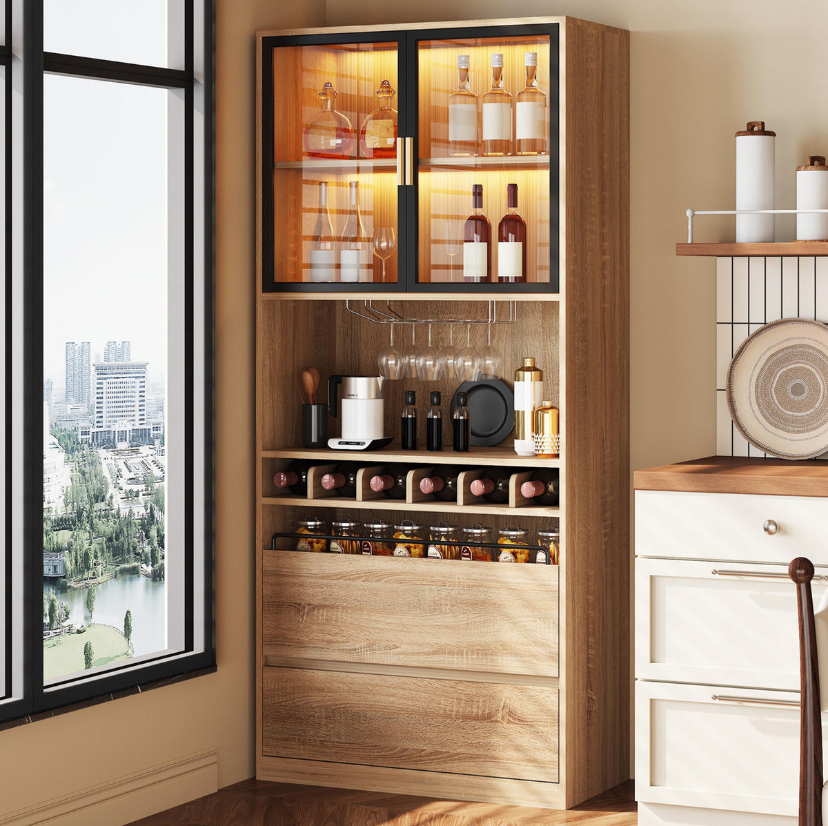 VITRINE 80x40x180 cm Naturfarben mit Glastüren & LED-Lichtleiste - Naturfarben, Holzwerkstoff (80/180/40cm) - Modfu