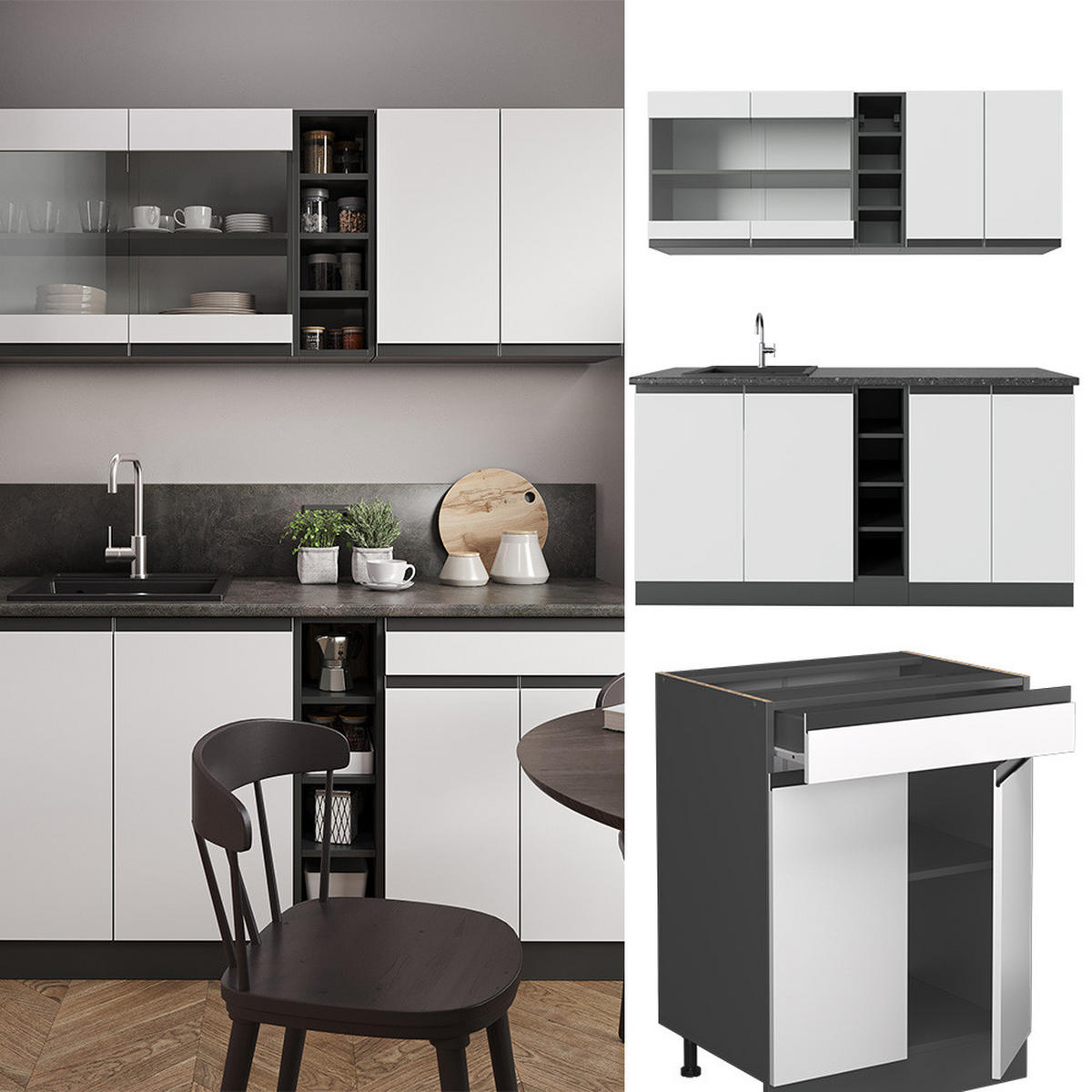 SINGLEKÜCHE R-Line Weiß/Anthrazit 160 cm, AP Eiche - Anthrazit/Weiß, Holzwerkstoff (160/81.6/60cm) - Vicco