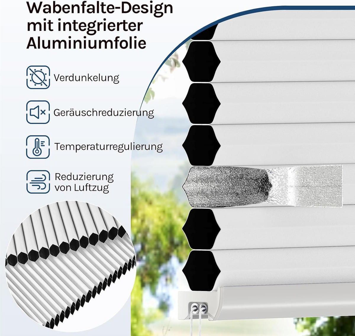 WABENPLISSEE ohne Bohren Verdunkelung 50 x 130 Weiß-Weiß - Weiß, Kunststoff (50/130/2cm) - Woltu
