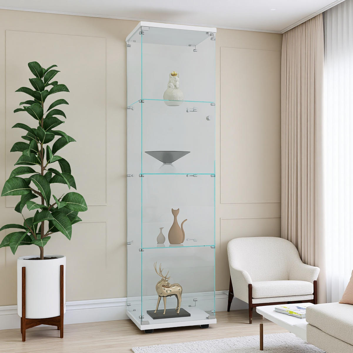 STANDVITRINE 42x164cm Weiß mit 4 Böden, abschließbar - Weiß, Glas (14.37/64.56/16.73cm) - SHOPENTRA