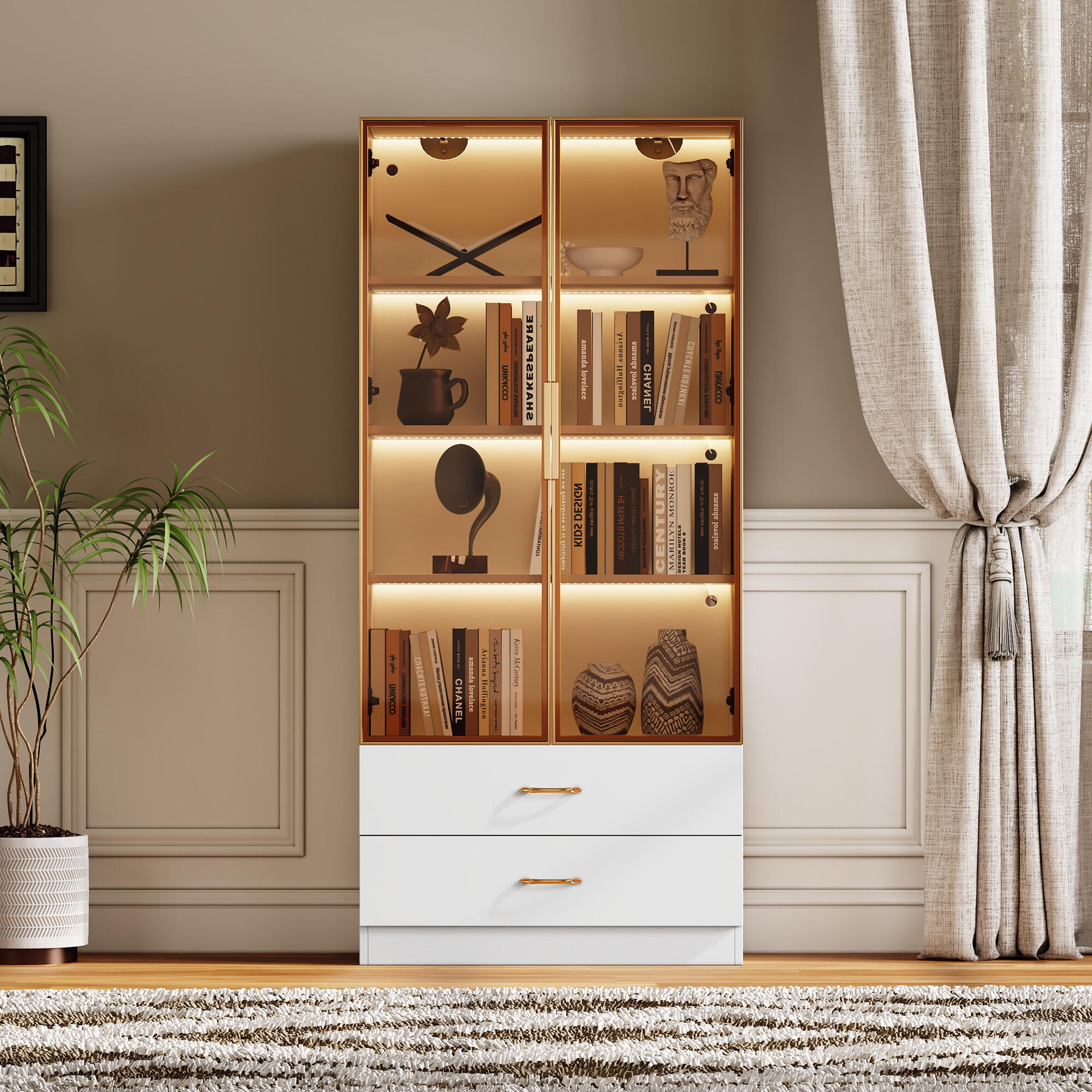 Thumbnail - Urban Meuble Vitrinenschrank, Weiß, Holzwerkstoff, Glas, Rechteckig, 34.5x170x70 cm, Wohnzimmer, Wohnwände, Vitrinenschr...