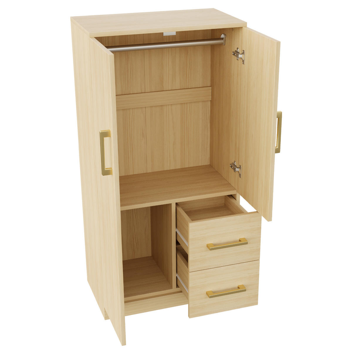 KLEIDERSCHRANK aus Holz 70x40x135 cm Holzfarbe mit Doppeltüren, 2 Schubladen und großem Stauraum - Naturfarben, Holzwerkstoff (70/135/40cm) - Modfu