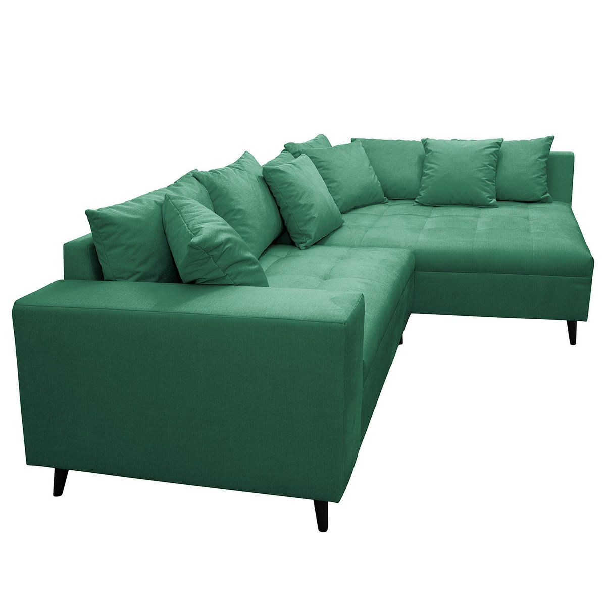 ECKSOFA mit Ottomane und Hocker - Dunkelgrün/Schwarz, Birkenholz/Textil (247/174cm) - home24