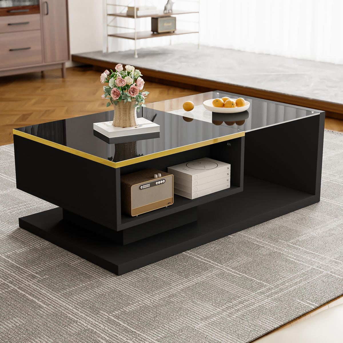 COUCHTISCH 90/50/32,5 cm aus Holzwerkstoff mit Stauraum, Glasplatte und LED-Beleuchtung, Schwarz - Schwarz, Holzwerkstoff (90/50/32.5cm) - Redom
