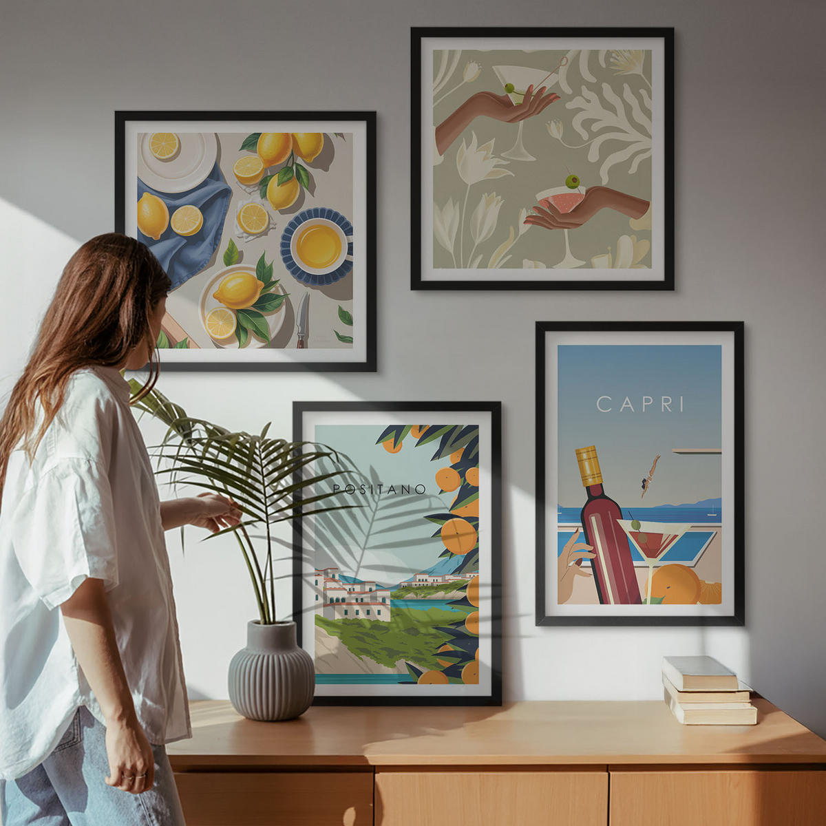 BILDER SET 4er Set - 50x50 cm & 40x60 cm Schwarzer Rahmen - Italienische Zitronenurlaube Capri - Schwarz, Kunststoff (50/50cm) - TULUP