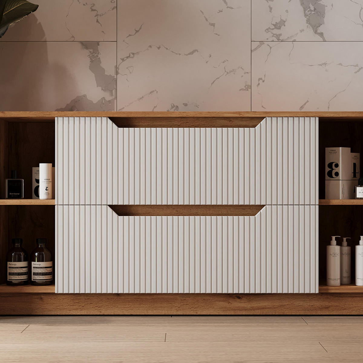 WASCHBECKENUNTERSCHRANK Lotta Eiche/weiß gestreift 119.2 x 62.5 cm mit 2 Schubladen - Eichefarben/Weiß, Holzwerkstoff (119.2/62.5/32cm) - Vicco