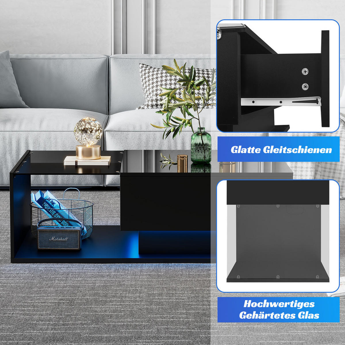 COUCHTISCH 100x50cm Hochglanzschwarz Glasplatte Schublade LED-Beleuchtung - Schwarz, Holz (110/62/16.5cm) - FLIEKS