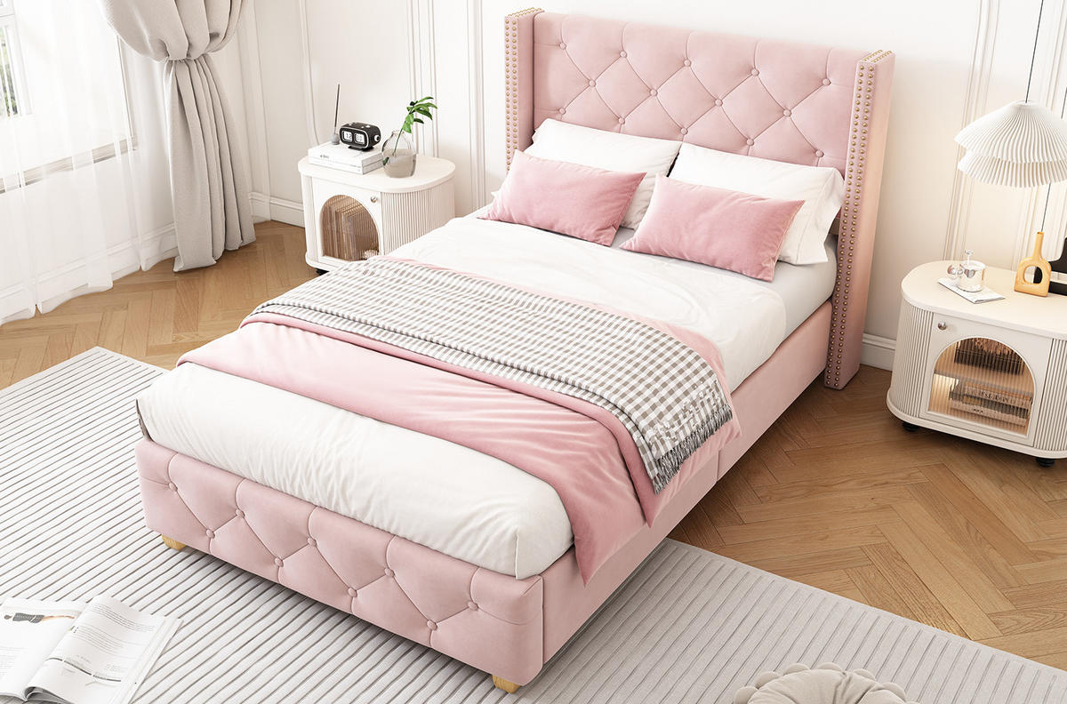 POLSTERBETT 90/200 cm mit Lattenrost, Knopfheftung & Nieten-Details, Rosa - Rosa, Textil (90/200cm) - Redom