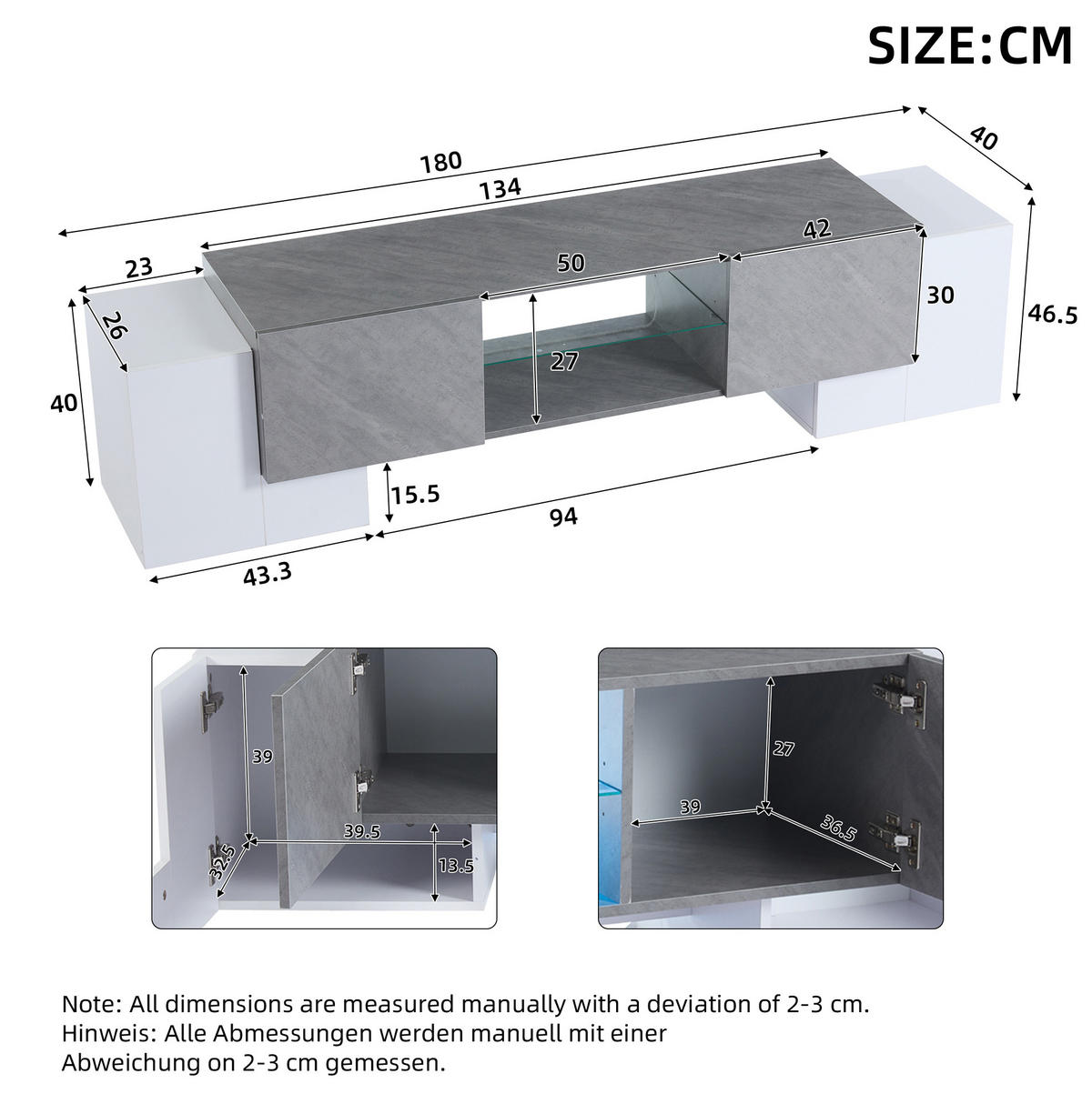 TV stolek 180/40/46,5 cm s LED osvětlením, tichými panty a variabilním úložným prostorem, Bílá/šedá - bílá, kompozitní dřevo (180/46.5/40cm) - Redom