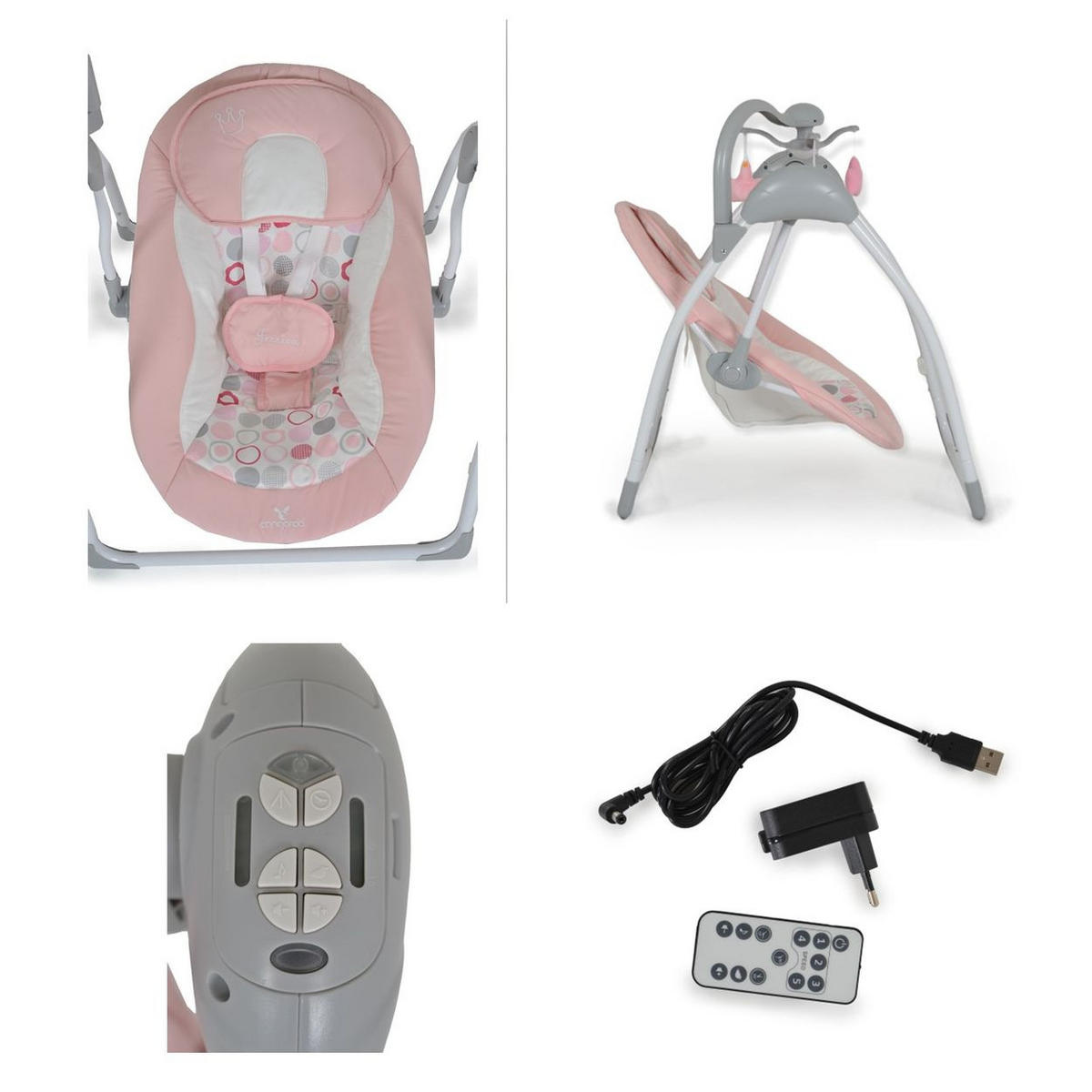 BABYWIPPE Jessica rosa Musikfunktion, 5 Schaukelstufen, Timer, 5-Punkt-Gurt, Kopfkissen - Rosa, Metall - Moni