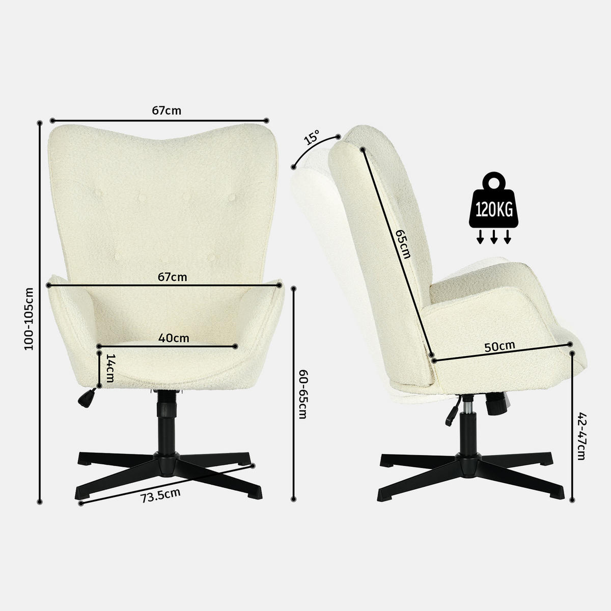 DREHSESSEL, 360° drehbar, mit Neigefunktion und Höhenverstellung, Chenillebezug, Beige - Beige, Metall (67/100/73.5cm) - Meubles Cosy