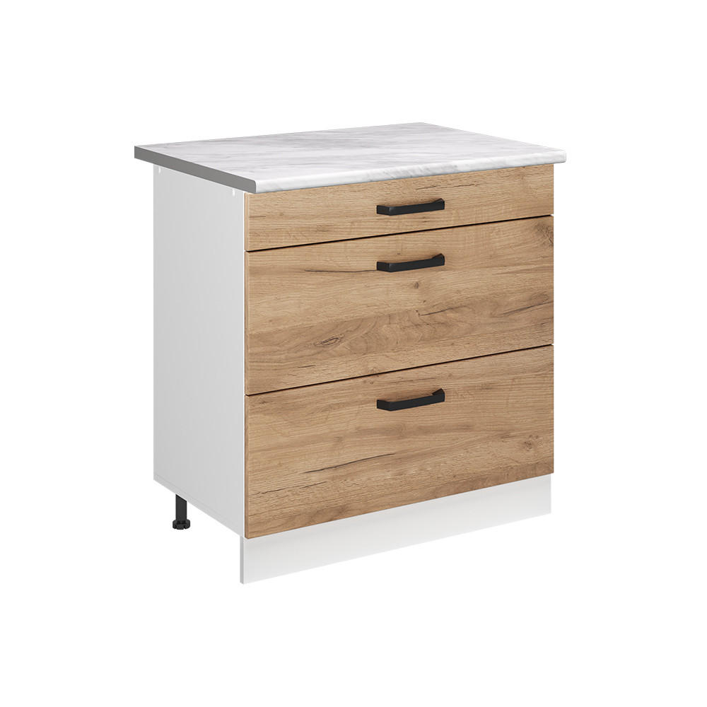 Vicco SPODNÍ SKŘÍŇKA KUCHYŇSKÉ LINKY R-Line, Zlatý mocný dub/Bílá, 80 cm se 3 zásuvkami pracovná doska Mramor