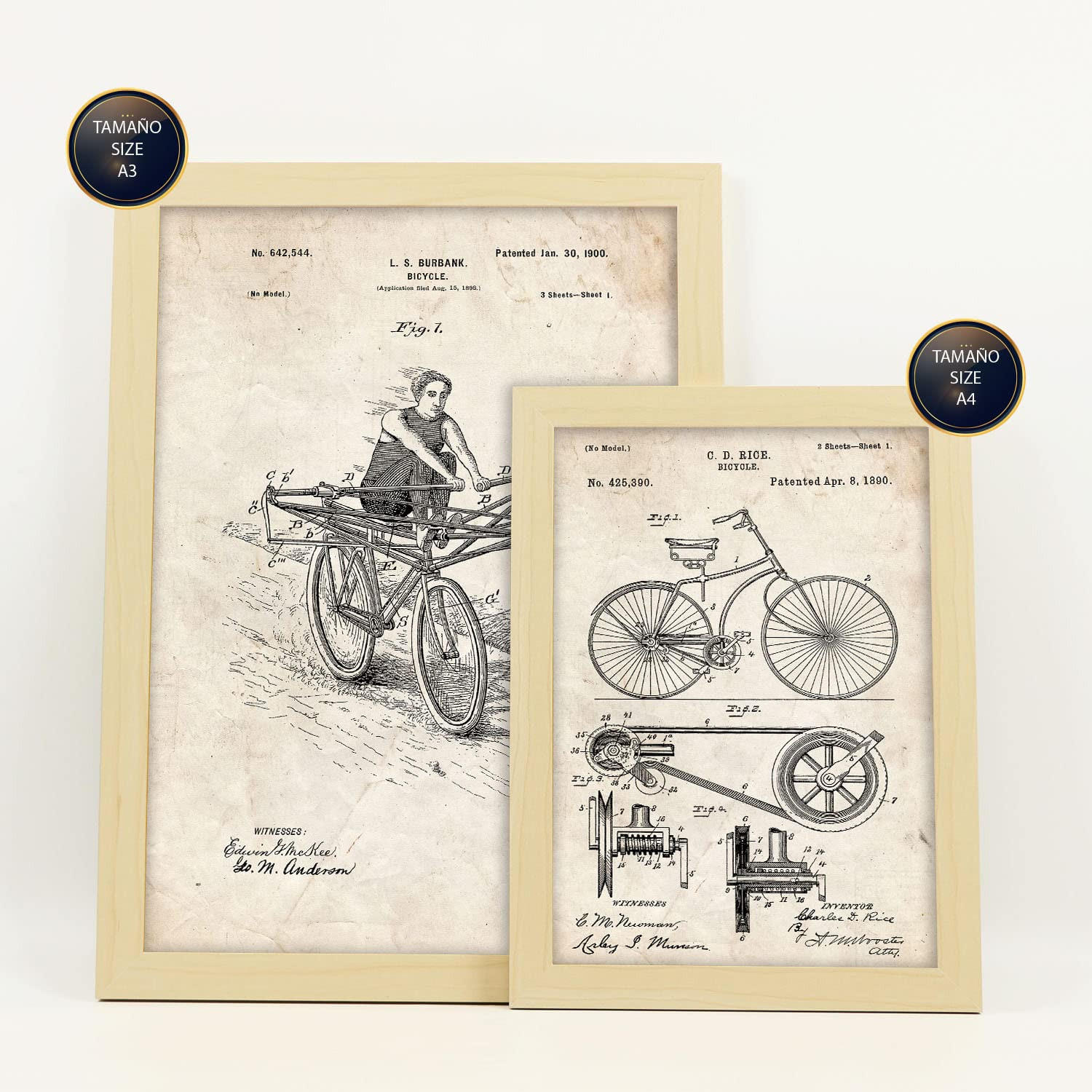 POSTER Set Mit 6 Plakaten Mit Fahrrad Patenten Im Vintage Stil A3 & A4 Rahmen Aus Hellem Holz - Beige, Papier (29/3cm) - Nacnic