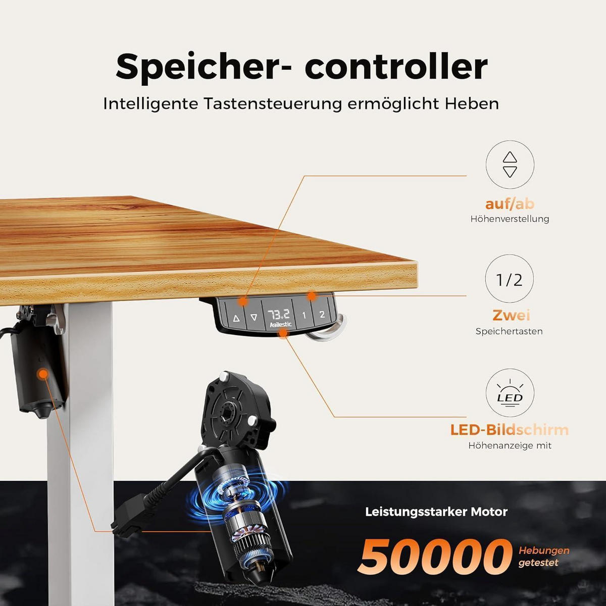 SCHREIBTISCH Höhenverstellbar Elektrisch 180 x 80 cm Hellbraun - Braun, Holzwerkstoff (180/80/75cm)