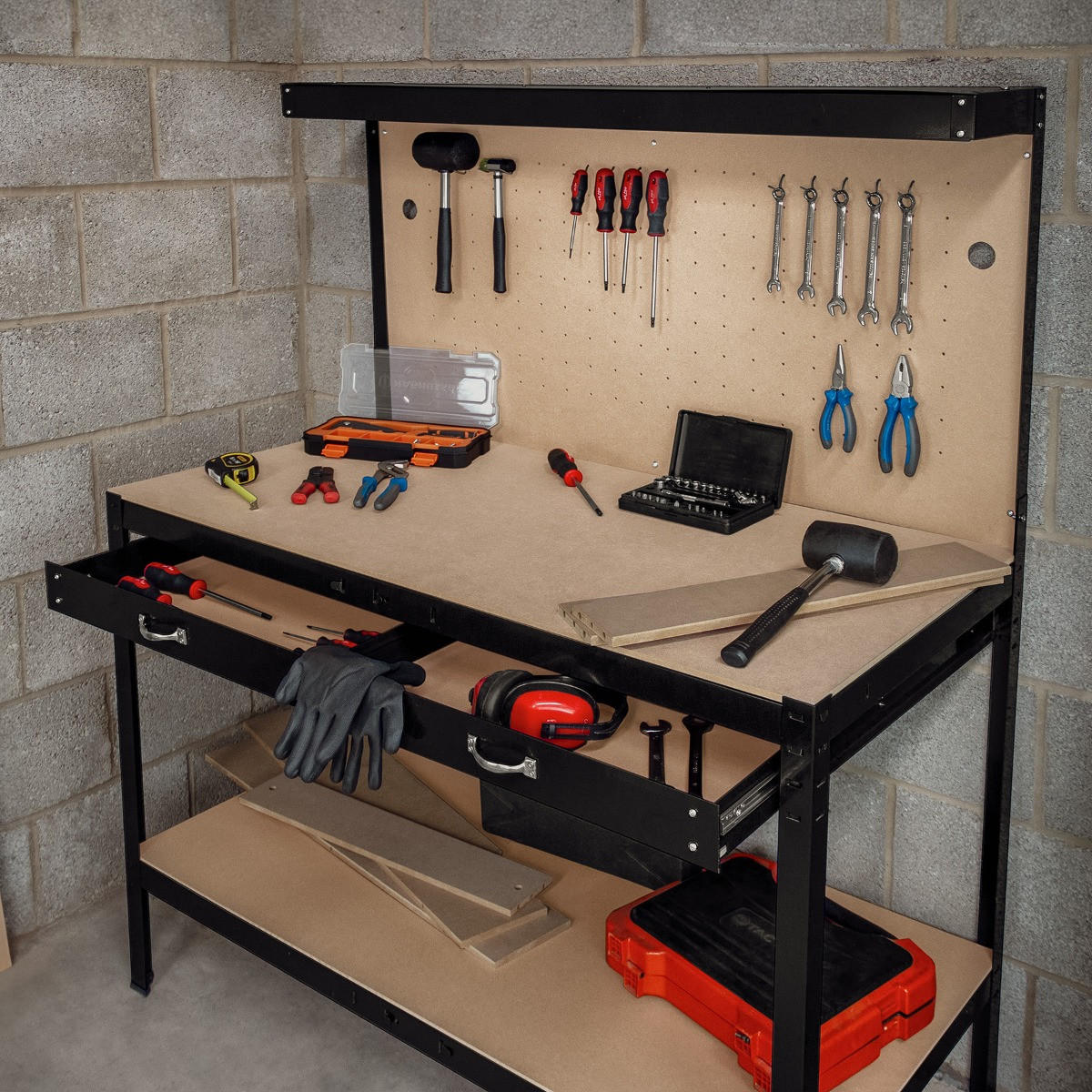 WERKBANK mit Lochwand, Schublade & Licht - Schwarz - Schwarz, Metall (120/155/60cm) - Monstershop