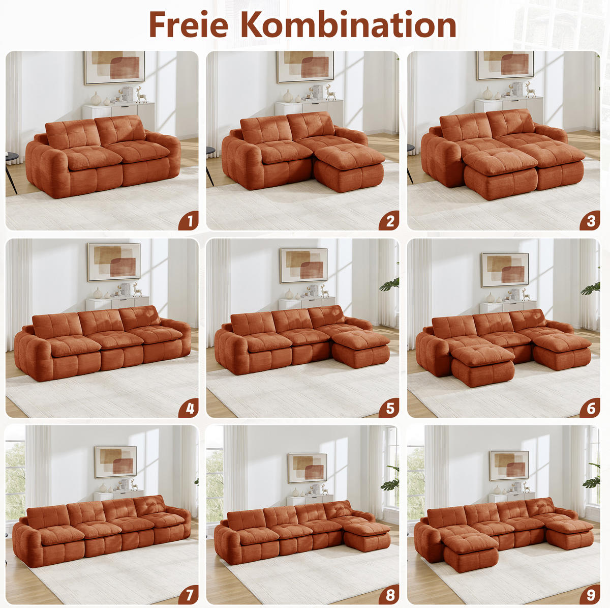 SOFA 194/160/68 cm in Orange aus Chenille mit Ottomane - Orange, Textil (160/68/194cm) - Flora Grace